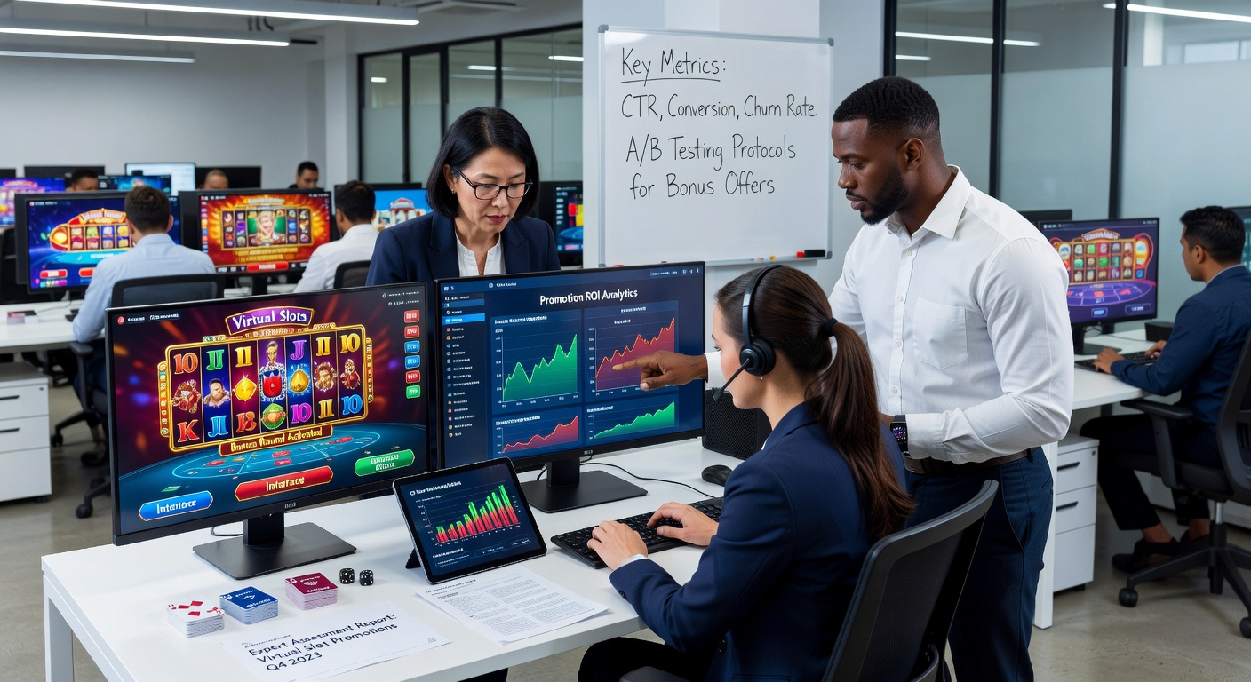 Experts reviewing data analytics dashboards for virtual casino promotion evaluations in a professional assessment environment