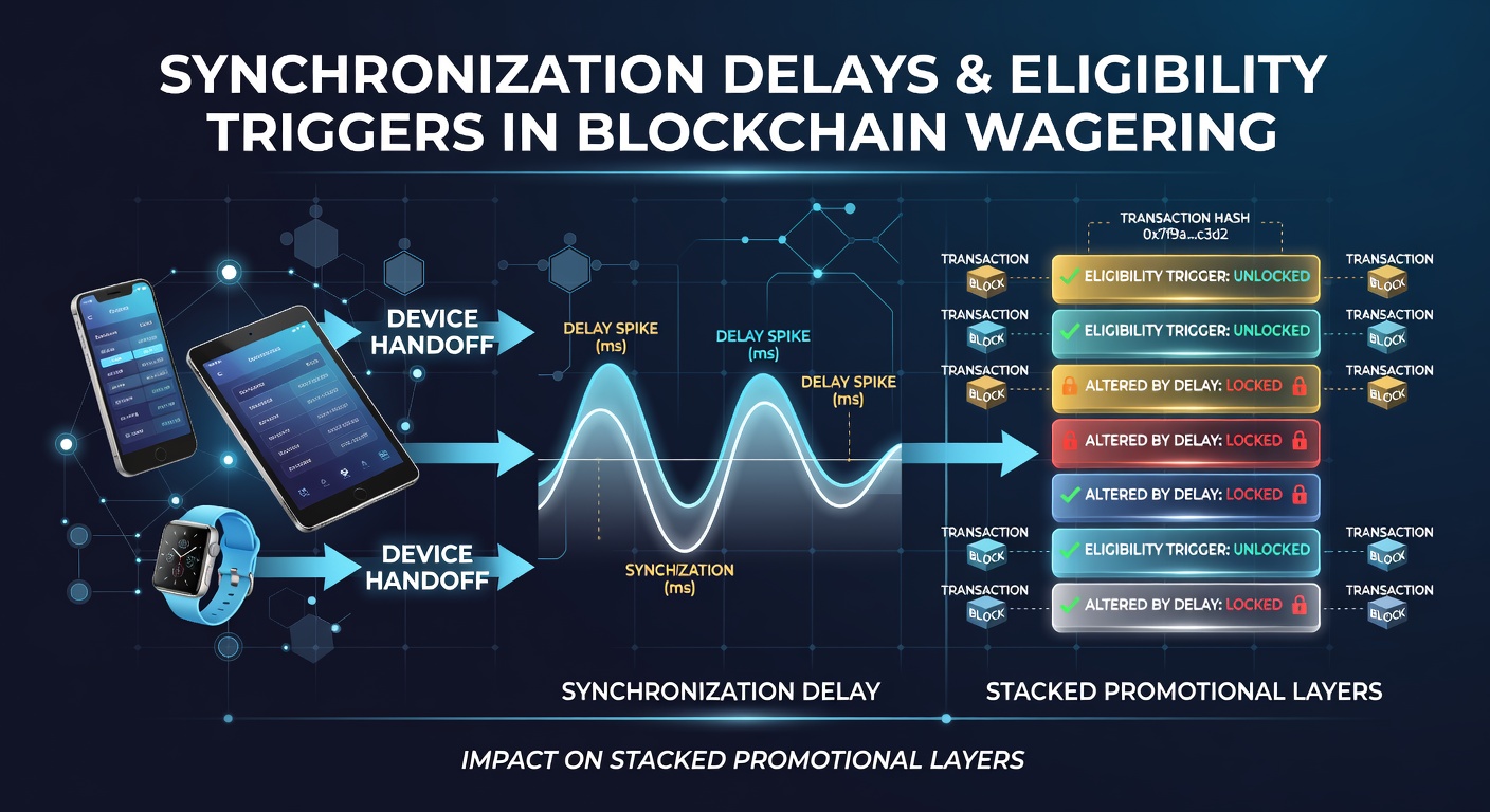 Diagram illustrating device handoff synchronization in blockchain wagering applications with promotional layer triggers