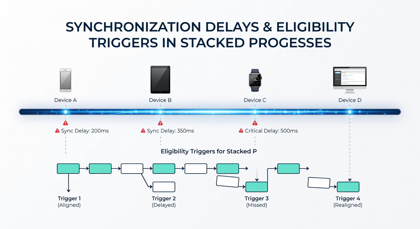 Chart displaying synchronization delay metrics and their effects on promotional eligibility across multiple device transitions