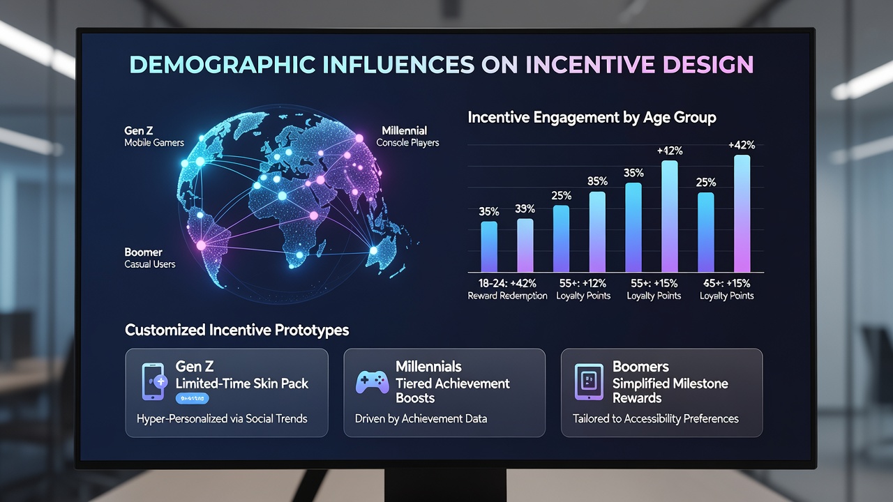 Demographic data visualizations displayed on digital entertainment platform interfaces showing age and location-based reward patterns