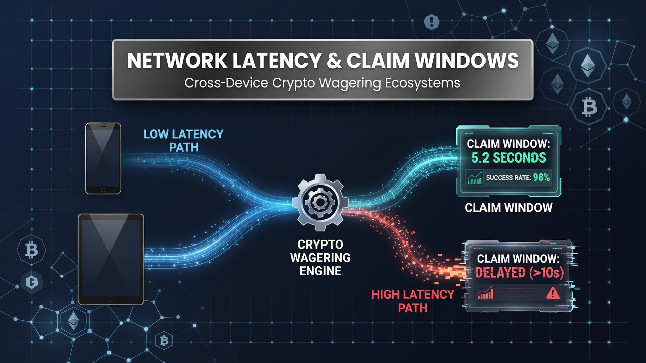 Illustration of network latency impacting claim window timing across multiple devices in crypto wagering platforms