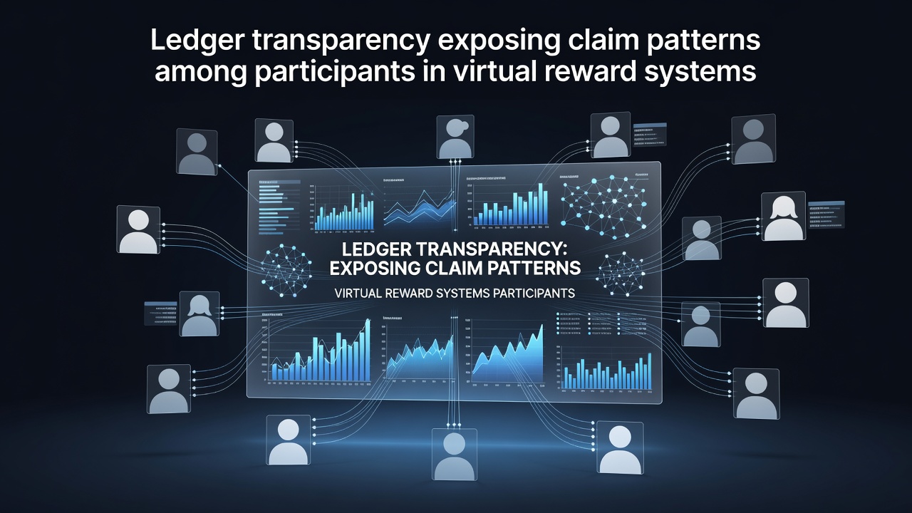 Blockchain ledger visualization showing transaction flows and claim timestamps in virtual reward systems