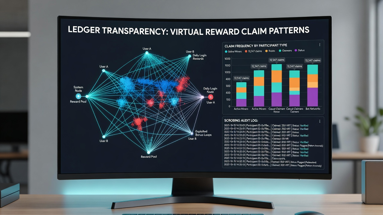 Data analytics dashboard displaying claim frequency charts and participant address networks from virtual reward ledgers