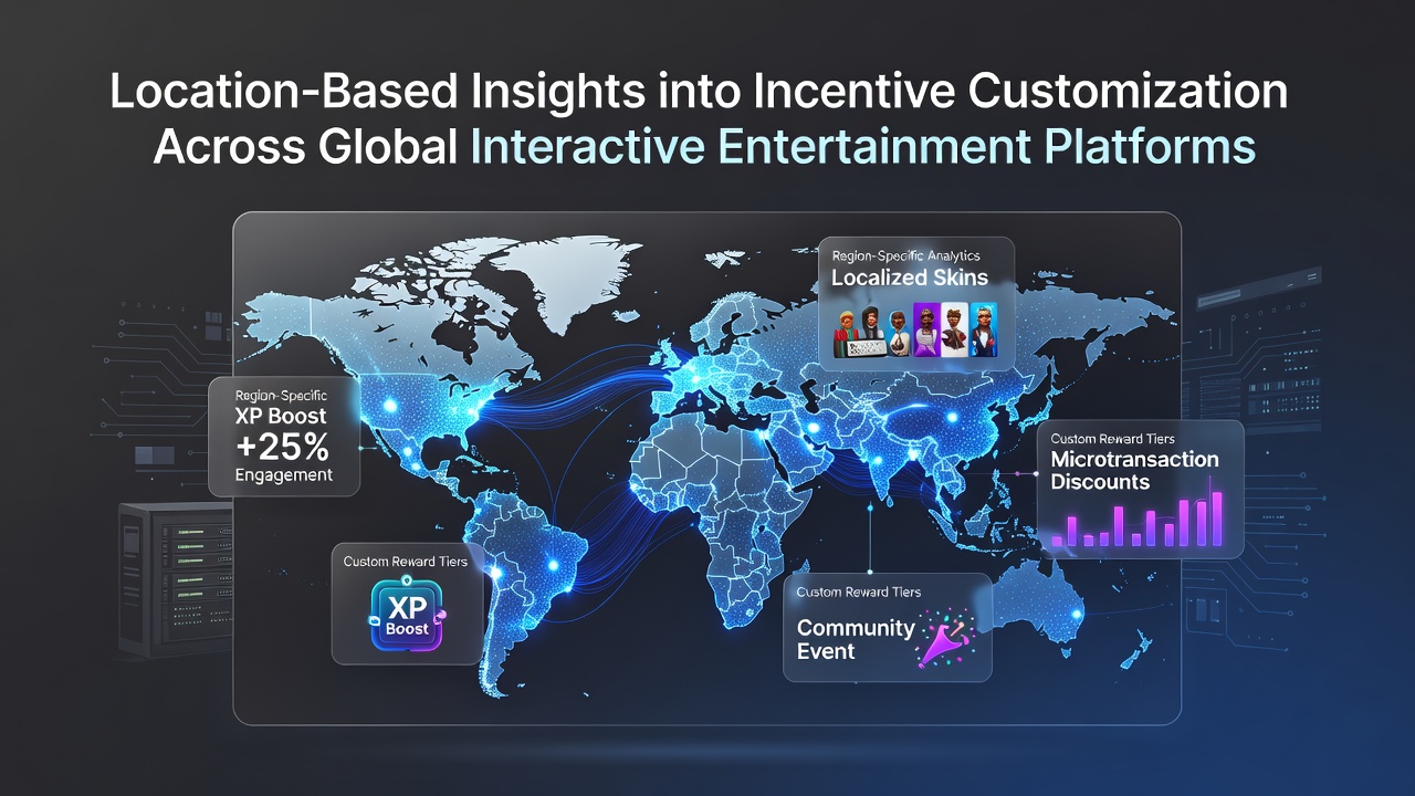 Global map overlay showing geolocation data points influencing incentive structures in interactive entertainment platforms across continents