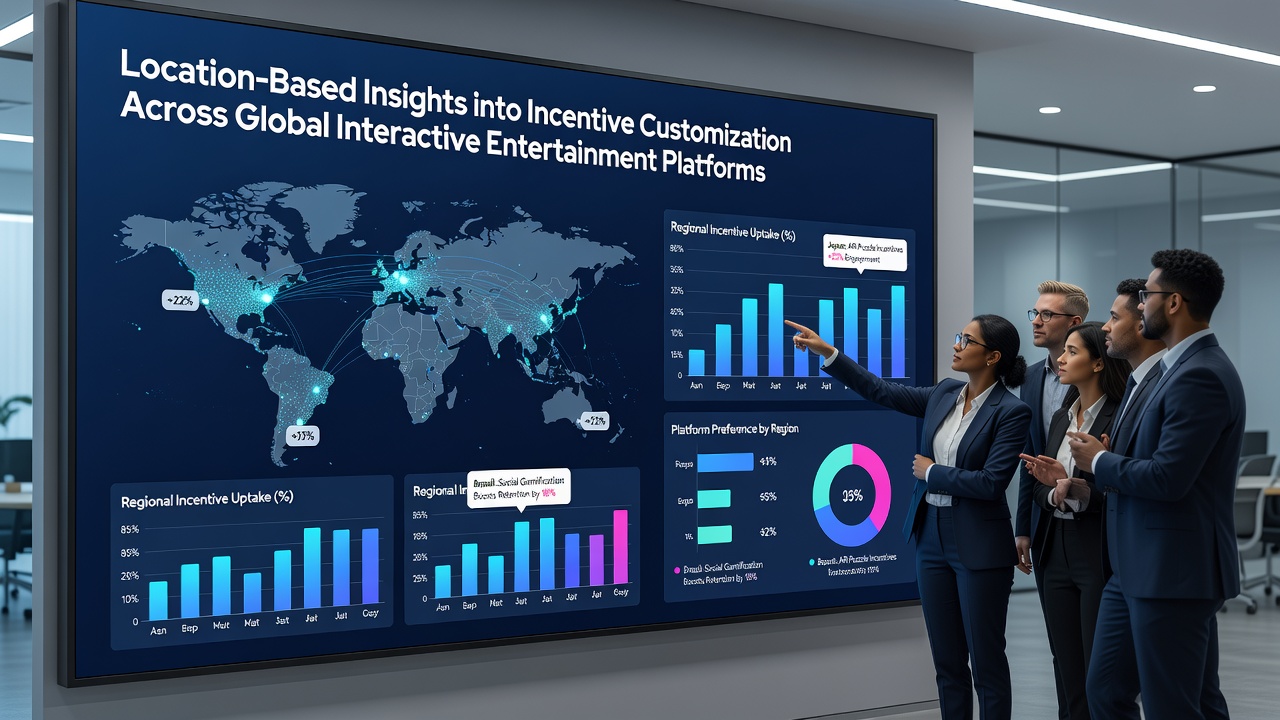 Analytics dashboard displaying location heatmaps and customized incentive metrics for interactive entertainment users in multiple global regions