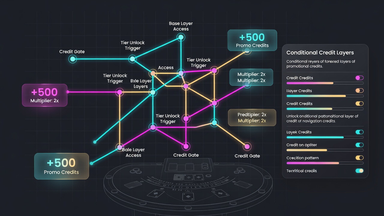 Interface navigation map showing layered paths through digital table game menus that trigger promotional credit unlocks