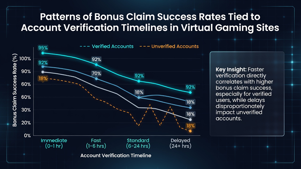 Chart displaying bonus claim success rates plotted against account verification completion times across multiple virtual gaming platforms
