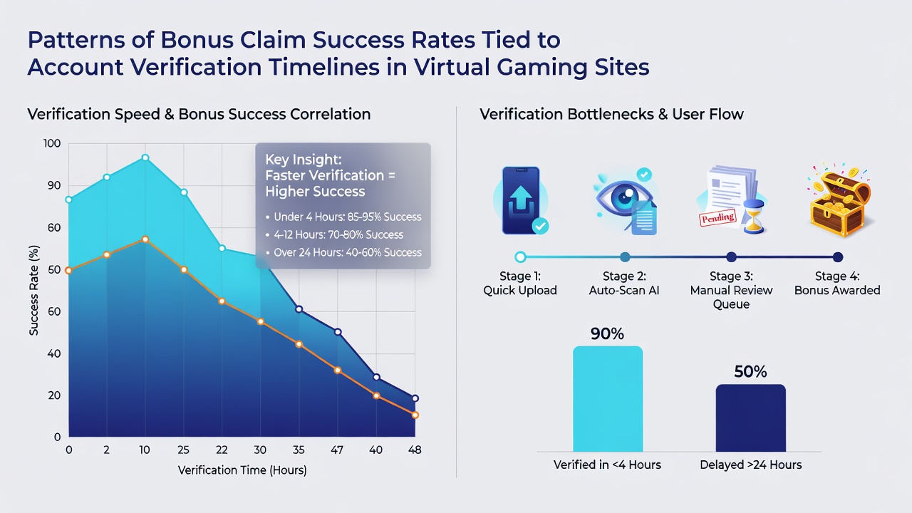 Infographic illustrating success rate percentages for bonus claims at different verification timeline intervals on virtual gaming sites