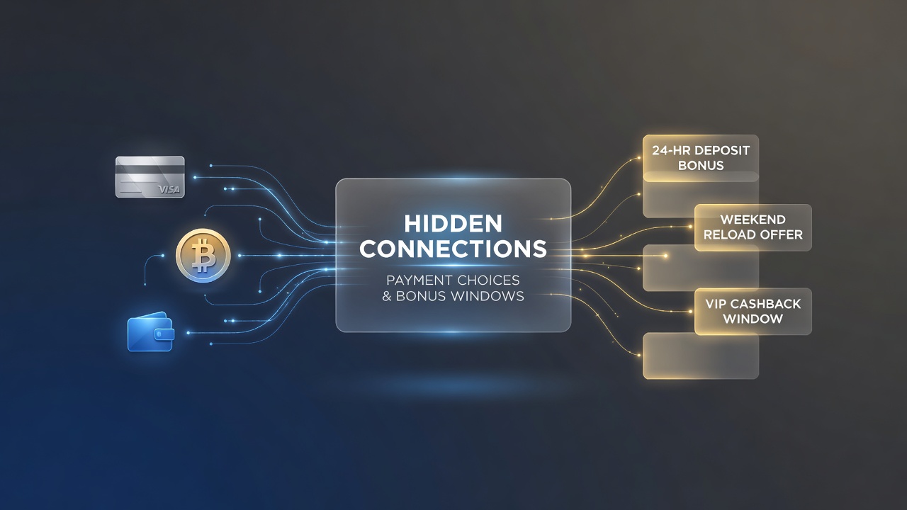Illustration showing payment icons connected to bonus timing charts in virtual casino interfaces
