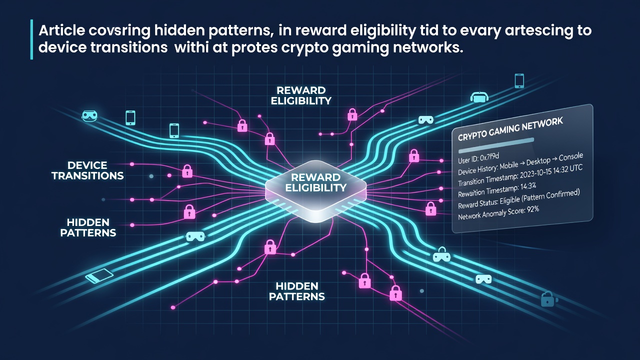 Visualization of device transition patterns in crypto gaming reward systems showing network nodes and eligibility flows