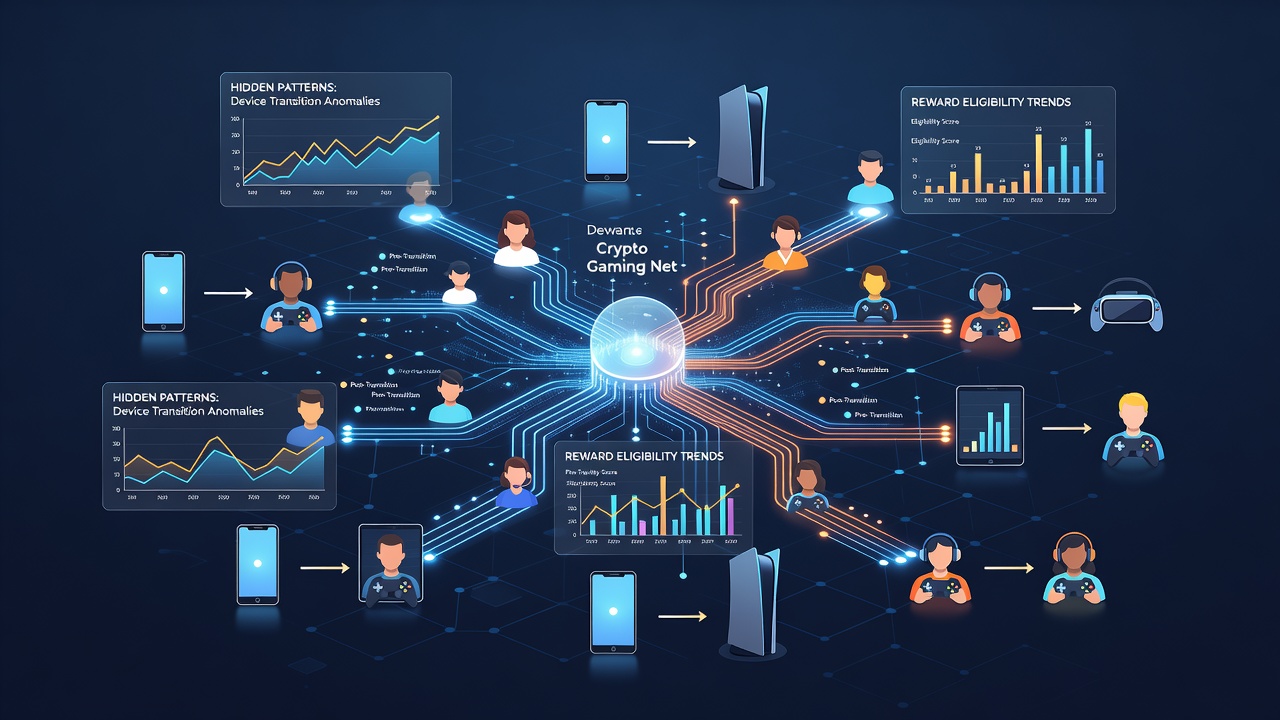 Diagram illustrating synchronization delays and reward eligibility changes across device handoffs in blockchain gaming apps